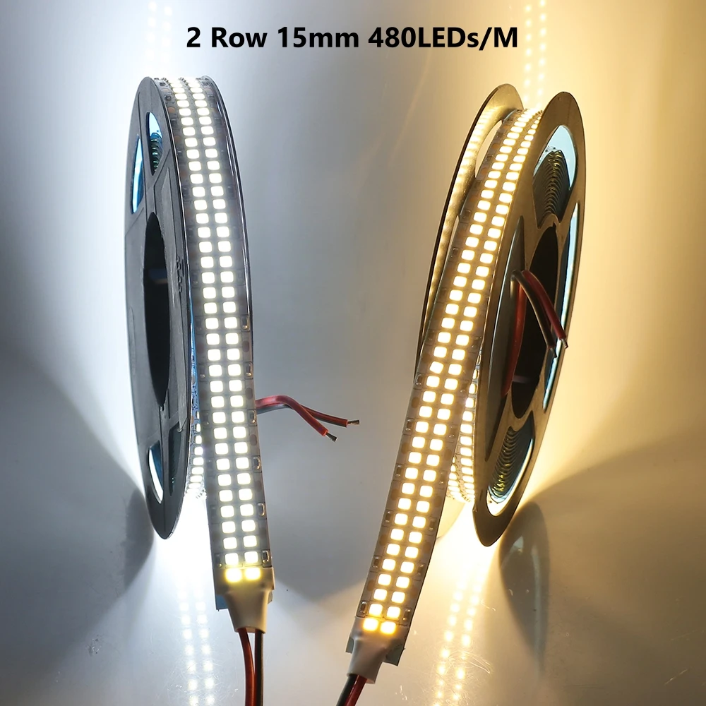 5M Double Row Flexible LED Strip 12V/24V 12mm 16mm Wide PCB 360leds/m 480leds/m SMD COB High Brightness 2835 Tape Light Source