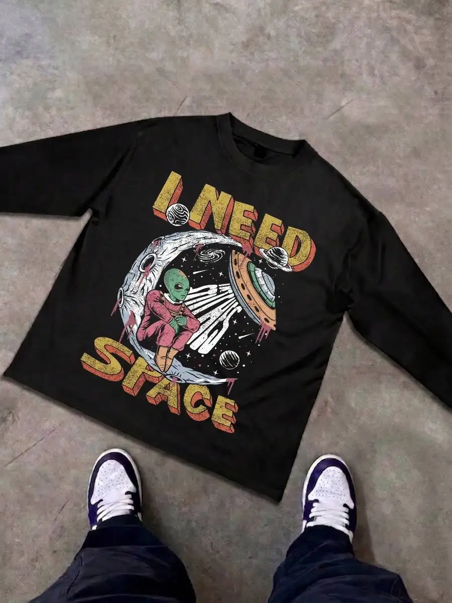 Long Sleeve Graphic Tees 100% Cotton 180g Premium Crew Neck Regular Fit Streetwear Men's Designer Vintage Fall Alien UFO Bootleg Y2K Cyber Grunge Tees