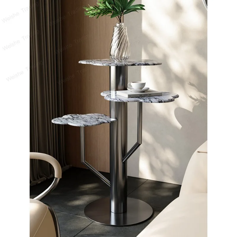 Living room floor-to-ceiling flower stand stainless steel multi-layer shelf natural marble edge