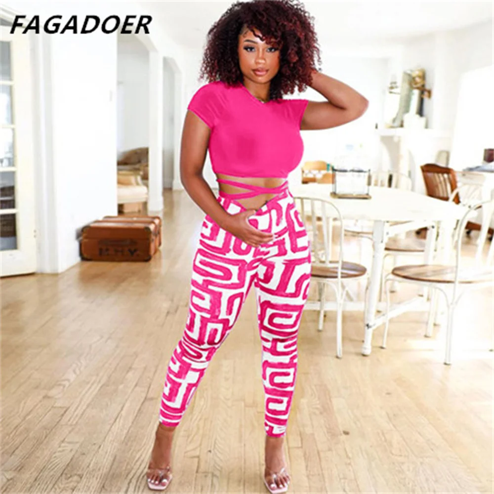 

FAGADOER Sexy Casual Club Outfits Summer Neck 2 Pieces Sets Women Bandage Crop Top and Printing Long Pants Clubwear 2023 New