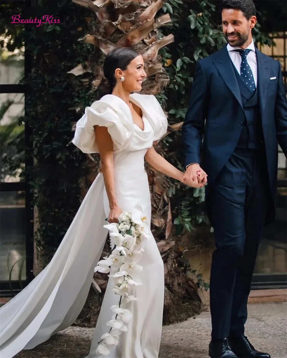 Robes de mariée sirène simples et solides, col carré froncé, manches bouffantes, robe de bal de soirée, longues robes de mariée élastiques, 2026