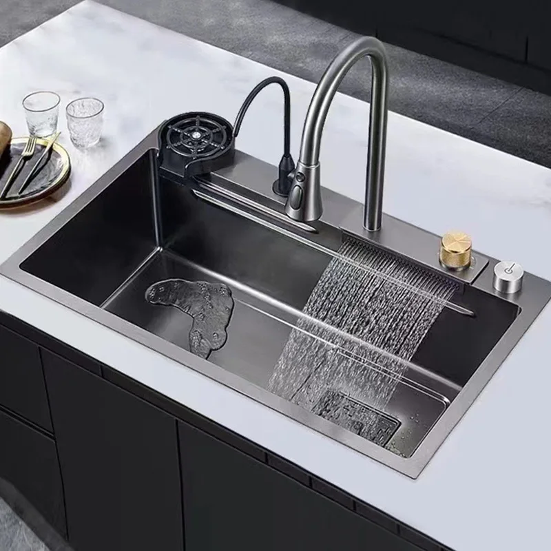 Rainfly Super Large Stainless Steel Kitchen Sink with Thick Waterfall Faucet Integrated Design Full Range Sizes Available