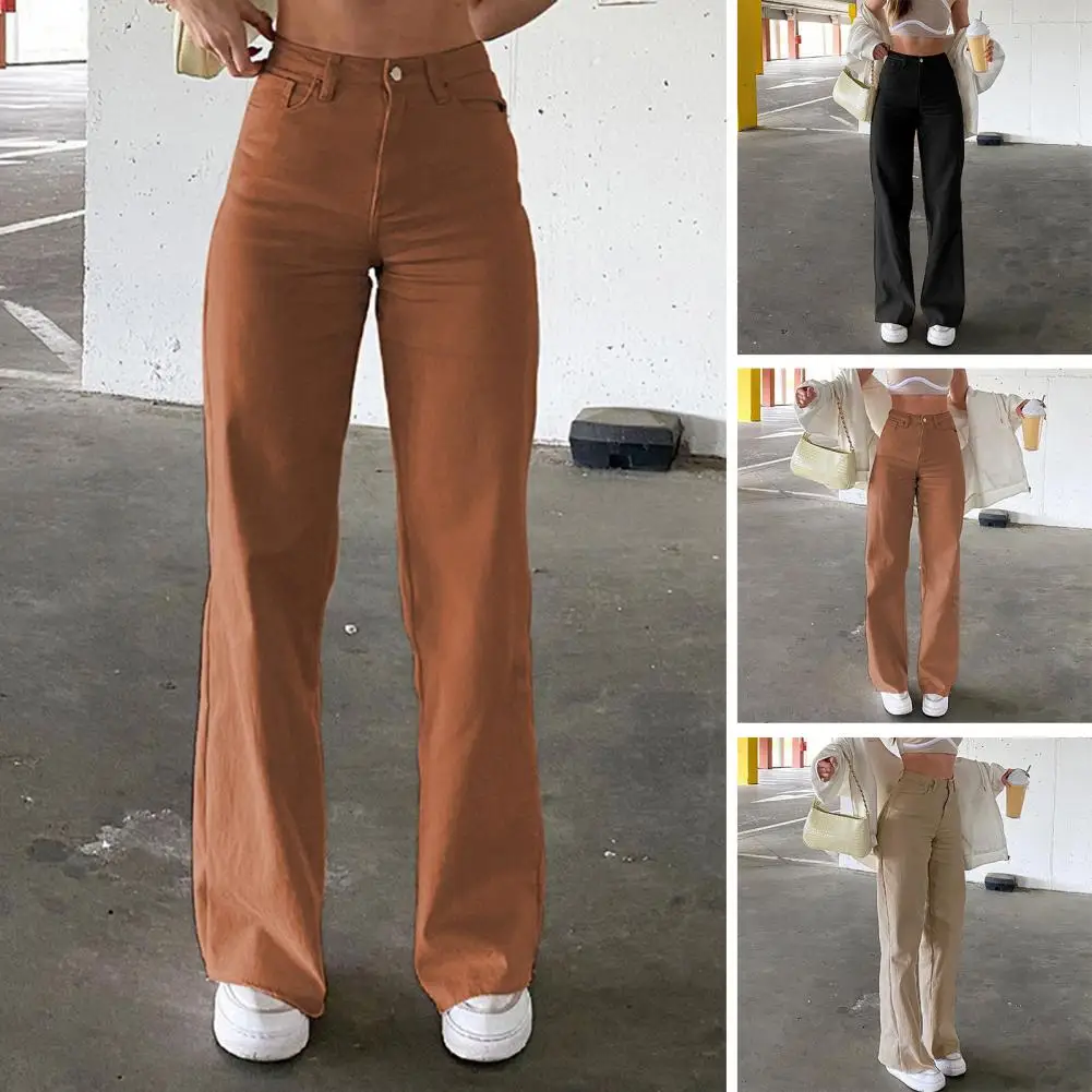 

Women Jeans Straight Pants Solid Zipper High Waist Ankle Length Loose Pockets Slight Strech Spring 2024 Streetwear