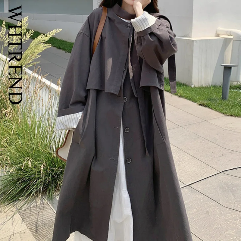 

WHTREND однобортный плащ для женщин с длинными рукавами и строчкой женский серый пояс ветровка пальто WH2097