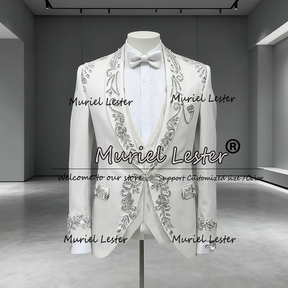 

Brilliant Crystals Beaded Suits Men Italian Design Single Breasted Groom Tuxedos Customized Man Banquet Party Prom Blazers 3Pcs