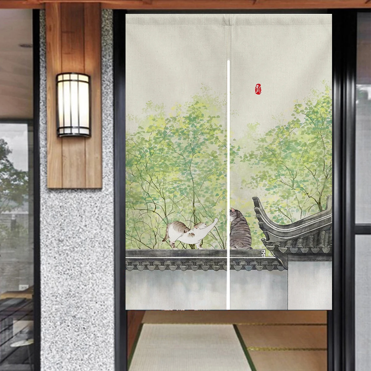 Ofat Home Cute Two Cats Playing Door Curtain Cartoon Cat Pattern Japanese Noren Doorway Curtain Home Decor Hanging Panel