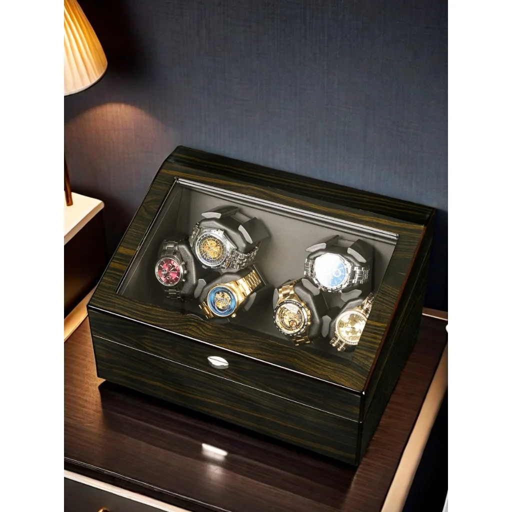 Automatic watch winder wooden texture style 3+3/6+6 slot blue LED light + cover opening emergency stop function watch box