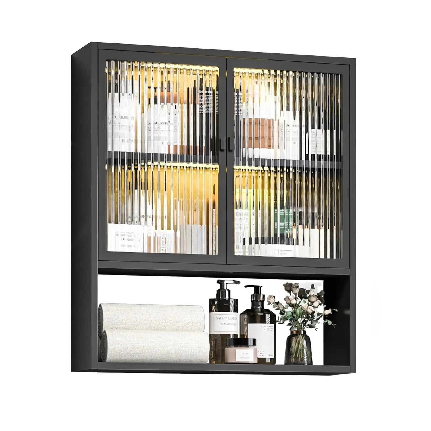 Metal Bathroom Wall Cabinet with Glass Doors & Lights, Over Toilet Storage Medicine Cabinet Black, Customized
