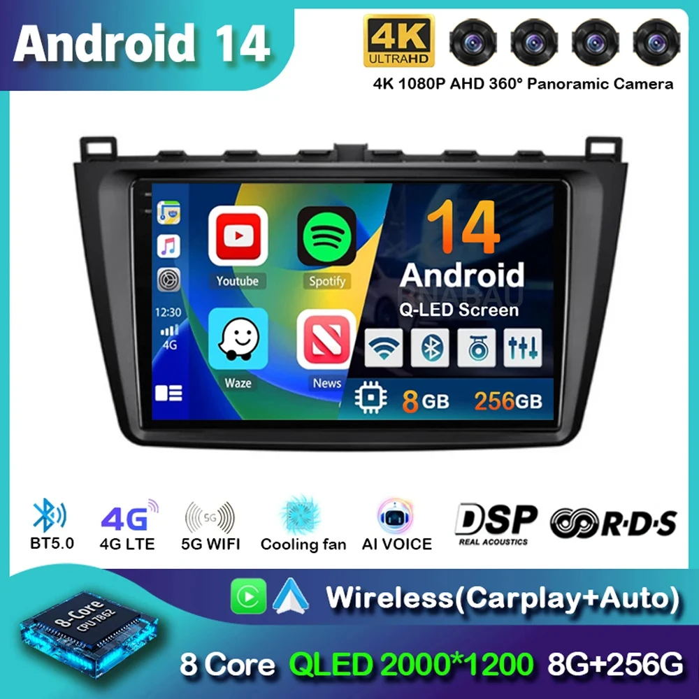 

Android 14 Carplay Auto For Mazda 6 2 GH 2007-2012 Car Radio Multimedia Video Player Navigation GPS Stereo Head Unit DSP No 2din