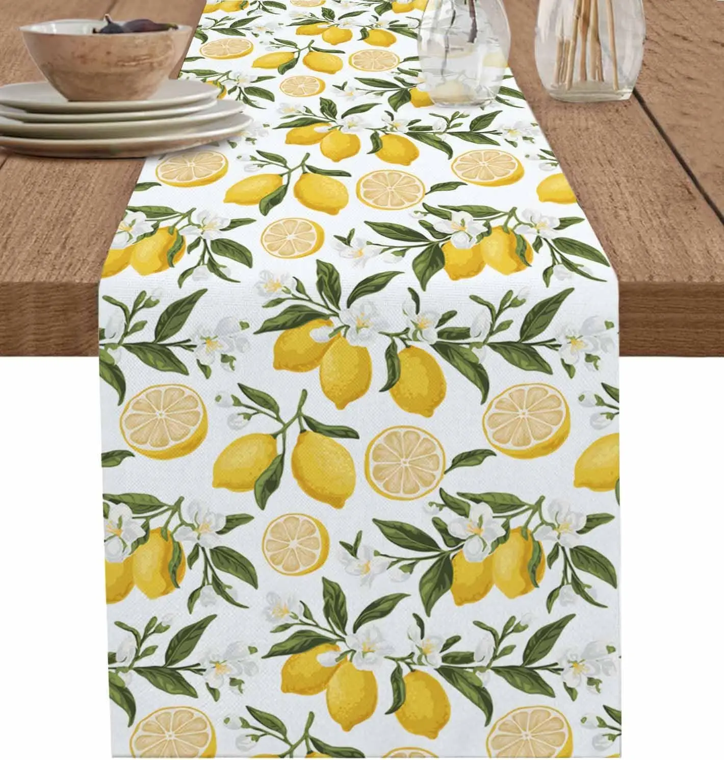 Watercolor Lemon Floral Leaves Linen Table Runner Home Decoration Summer Farmhouse Fruit Theme Kitchen Table Runners Party Decor