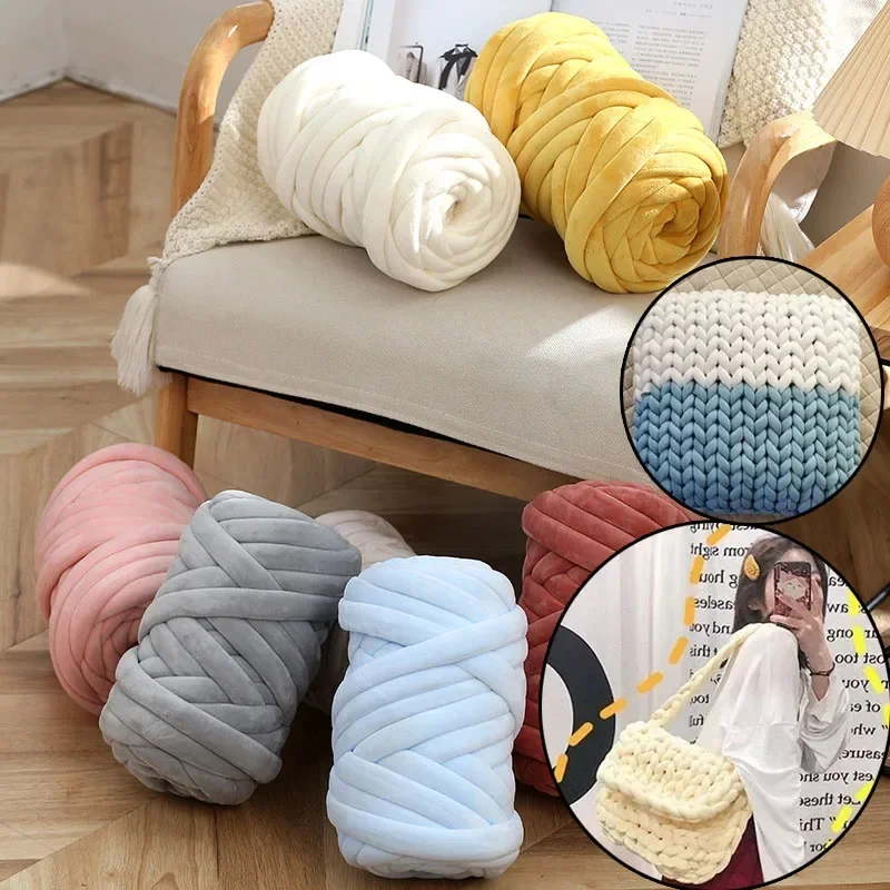 手織りライン、巨大なベルベット糸、超分厚い、柔らかいガーゼストリップ、かぎ針編みの糸、モノクロの手編み毛布、1kg