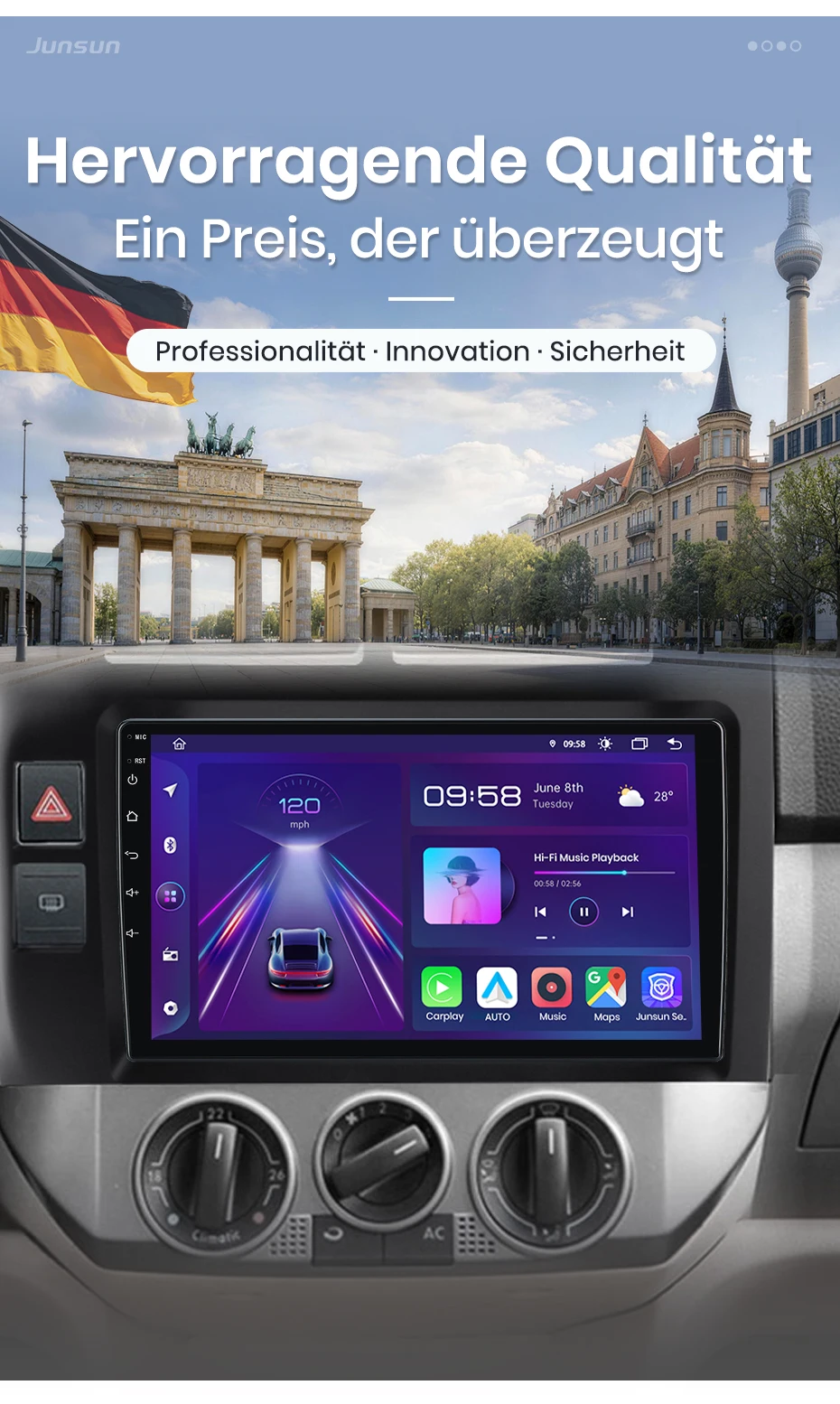 Junsun 9-Zoll Android 15 Autoradio für VW Volkswagen Polo Mk4 2001-2011, kabelloses Apple CarPlay, Auto-IPS-Bildschirm, Stereo-Multimedia-Videoplayer, intelligente Fahrzeugsysteme, 2-DIN-Autoradio-Haupteinheit, GPS-Navigation, BT, 4G, WLAN, FM, AM, DSP, RDS, SWC, DAB+ – Detail 3