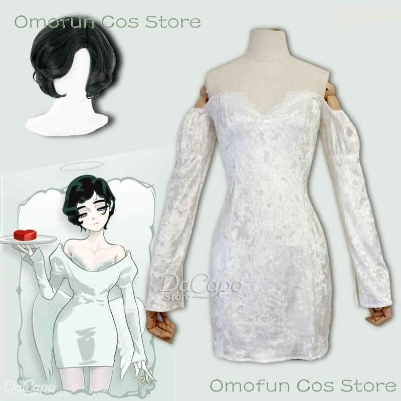 Damen-Abendkleid aus Samt – Alien Stage Sua & Mizi CAFE Weißes schulterfreies Kleid, Demon Angel Cosplay-Perücken, Halloween-Kostüm