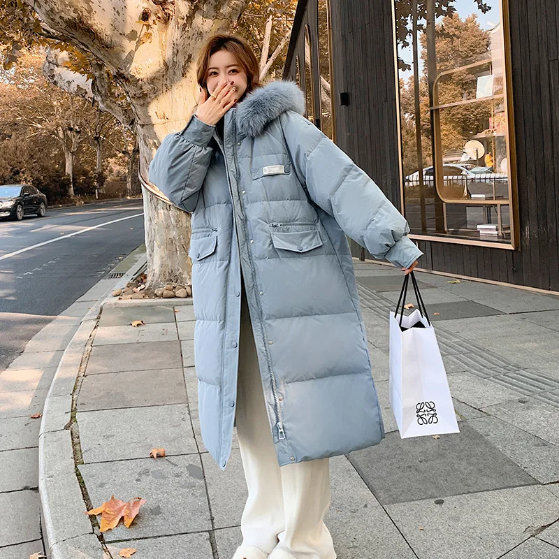 Long Down Cotton Jacket Women's Fur Collor Hooded Long Coat 2023 Winter New Thickened Warm Solid Zipper Parkas