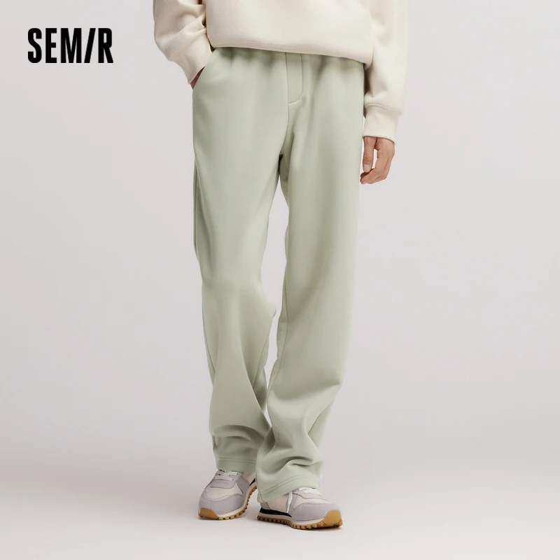 Semir Pants Men Fleece Lined 2024 Winter New Thermal Bacteriostatic Solid Color Loose Elastic Waist Straight Leg Pants