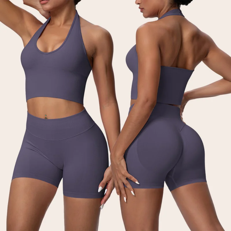 

Оптовая продажа, женская мода, сплошной цвет, бесшовная майка с бретелькой на шее, узкие шорты, спортивный бюстгальтер для йоги с глубоким V-образным вырезом, комплект из двух предметов