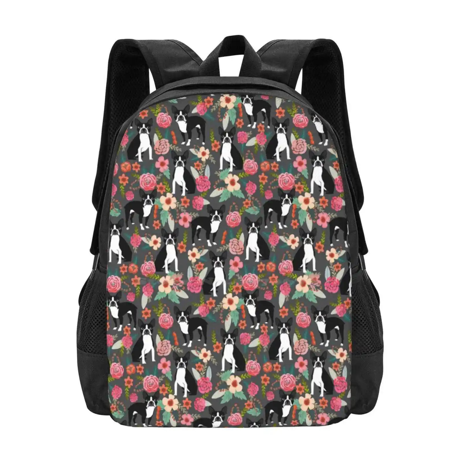 Boston Terrier Floral Dog Breed Pet Art Must Have Boston Terriers Gifts Pattern Design Bagpack School Bags Pet Art Must Have