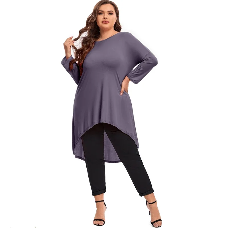 Plus Size Long Sleeve Casual Hi Low Blouse Long Loose Fit Flare Spring Autumn Swing Tunic Tops Large Size Clothing T Shirt 6XL