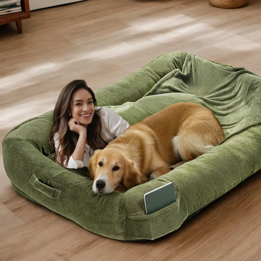 Extra Large Dog Bed 72x48x10 Inch Washable Floor Bed with Handle Blanket Storage Pockets Army Green