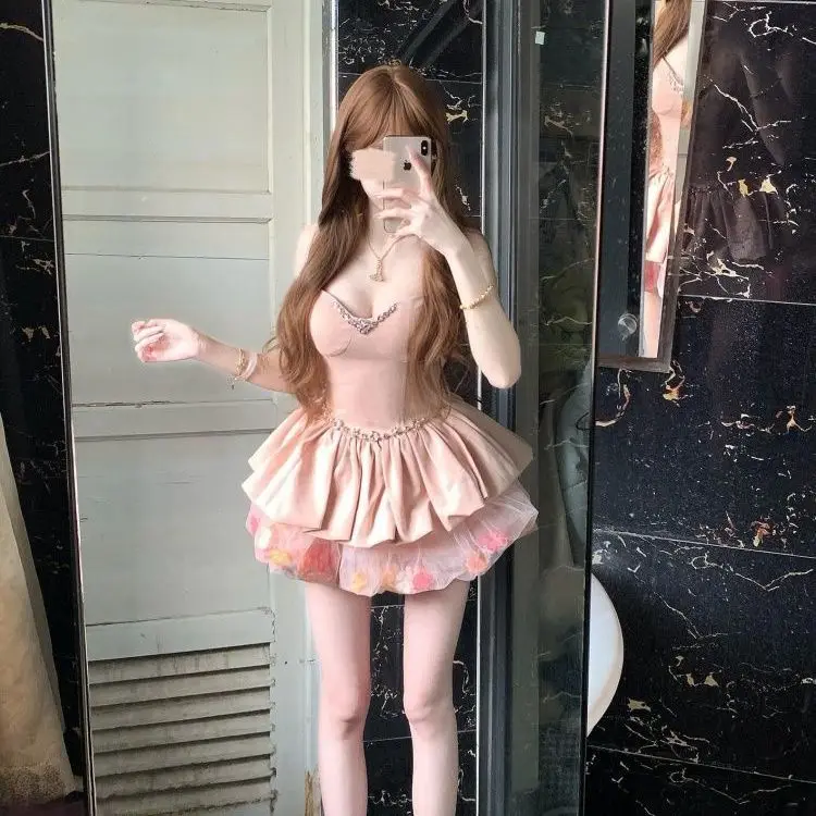 Princess Sweet Slim Waist Heavy Industry Suspender Dress Summer Sweet Spicy Girl Low-cut Mesh Flower Bud Dress Y2k Mini Dress