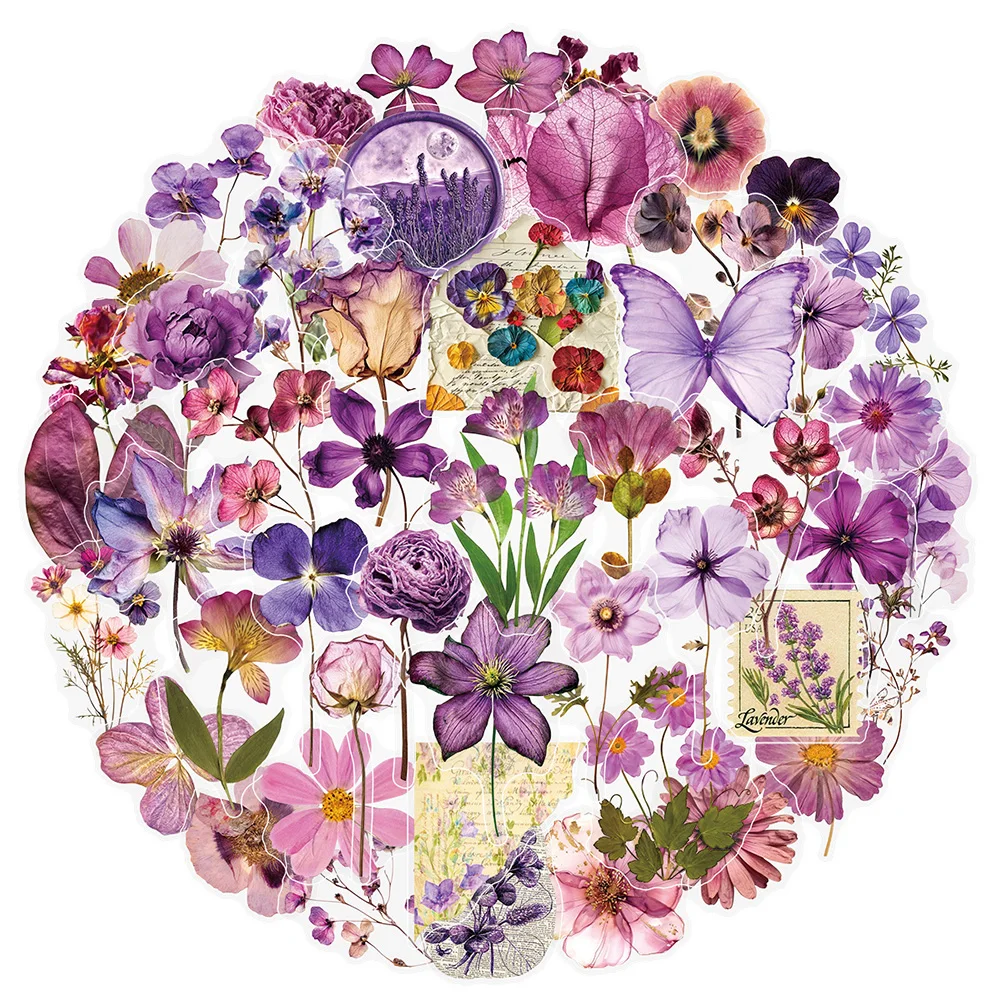 10/30/50pcs 빈티지 보라색 꽃 투명 스티커 PET 장식 데칼 DIY 수하물 오토바이 전화 귀여운 낙서 스티커