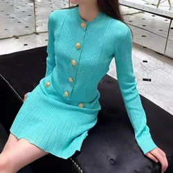 Women Autumn Knit Hollow Out Two-piece Set Office O-neck Single breasted Long Sleeve Cardigan and High Waist Fishtail Skirt Suit