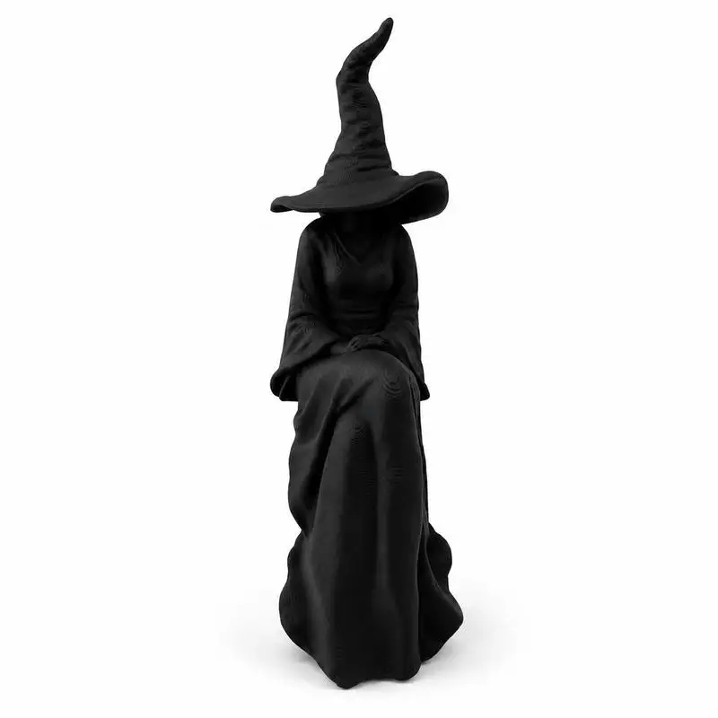 Halloween Gesichtslose Hexenfigur - Geeignet für Raumdekoration, Schwarze Sitzende Hexe Wanddekoration mit Retro-Plastikstatue – Detail 7