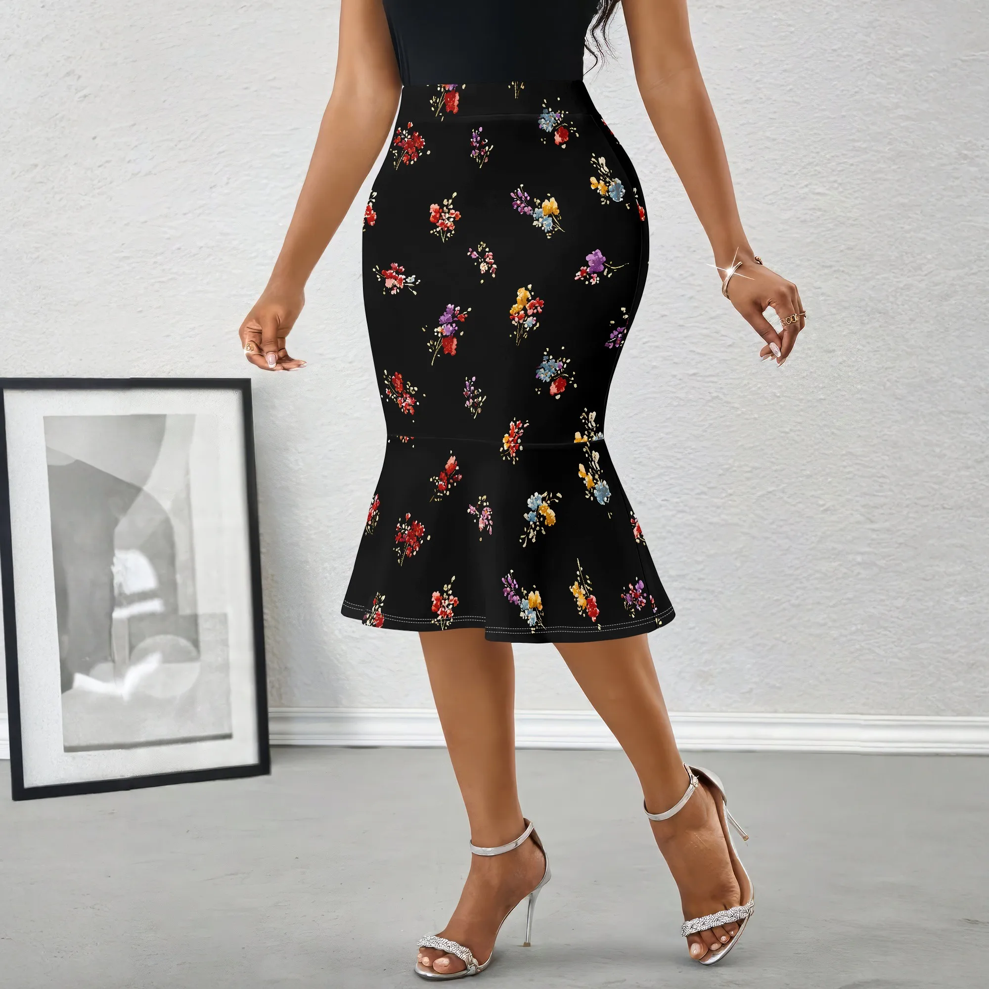 Floral Print Skirt Colorful Flower Pattern Midi Pencil Skirt, High Waist Mermaid Hem Bottoms Elegant Office Party Wear For Women