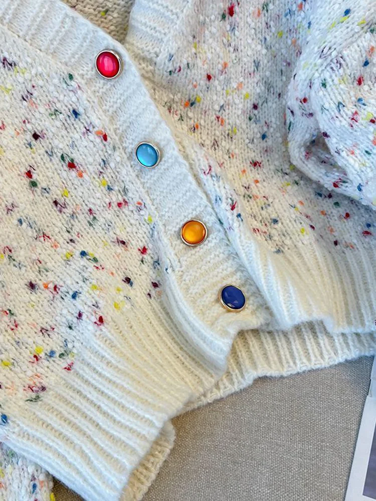 Jmprs Chic Rainbow Dot Cardigan Sweaters Women Sweet Fashion Long Sleeve Korean Knitted Coat Casual Lazy Wind Loose V Neck Tops