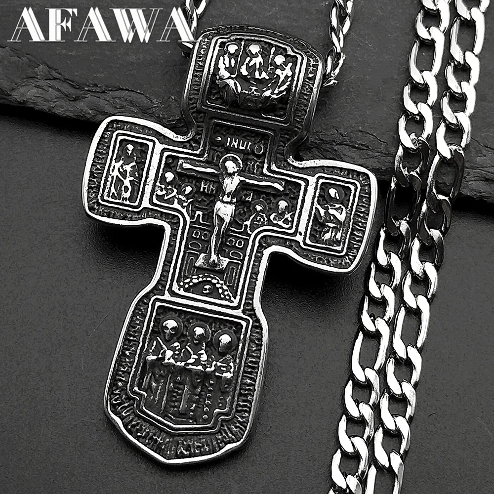 

Jesus Crucifix Cross Orthodox Necklace for Women Men Stainless Steel Christian Believer Chain Necklace Vintage Charm Jewelry