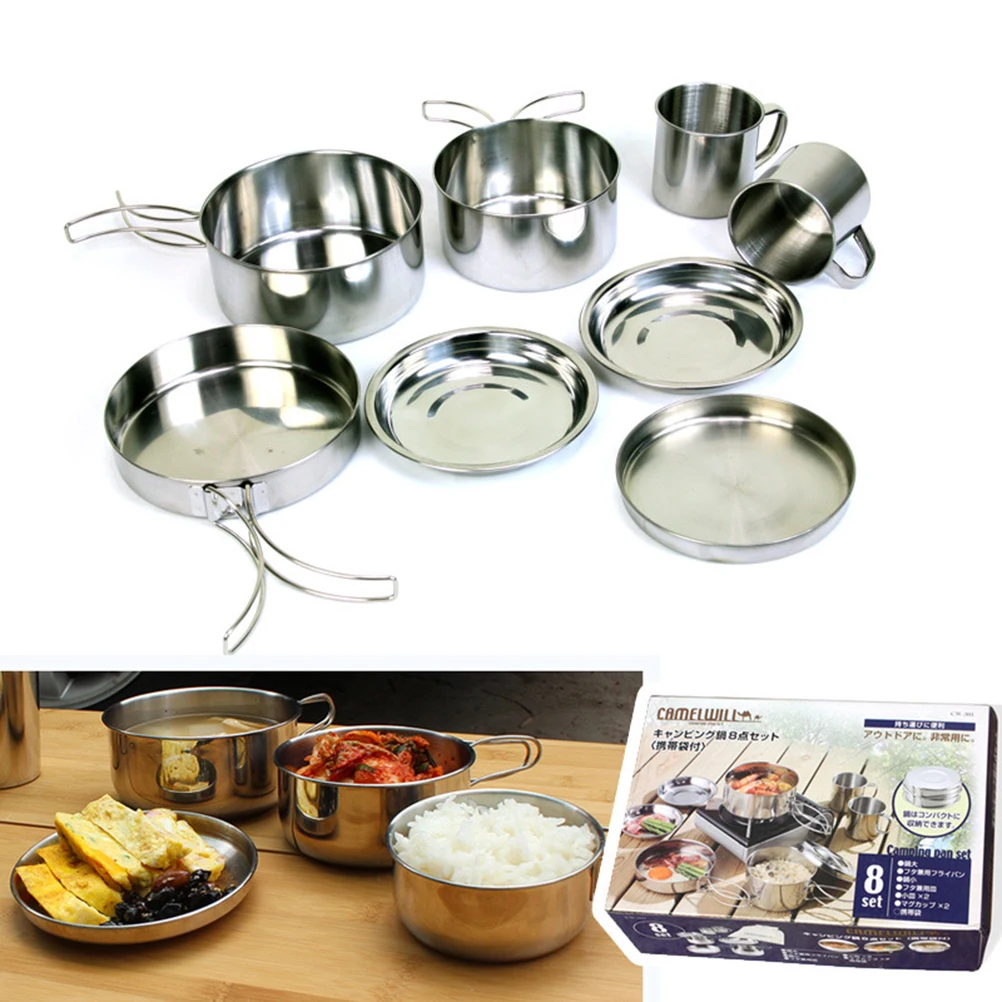 

8 Pcs Stainless Steel Cookware Set Portable Outdoor Camping Picnic Barbecue Foldable Heat Insulation Lightweight