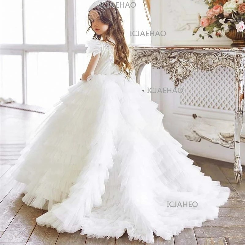 Kids Flower Girl Elegant Dress Floor Length Children Birthday Party Performance Floral Lace Evening Gown Performance Costume
