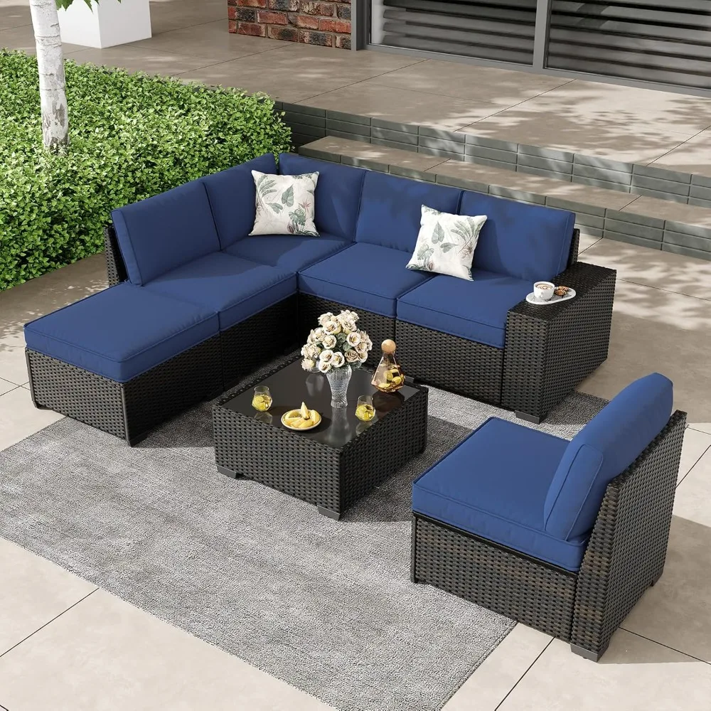 

7 Pieces Outdoor Patio Furniture Set, Wicker Conversation Sets with Tea Table, Rattan Patio Sofa with Thick Cushions for Garden,