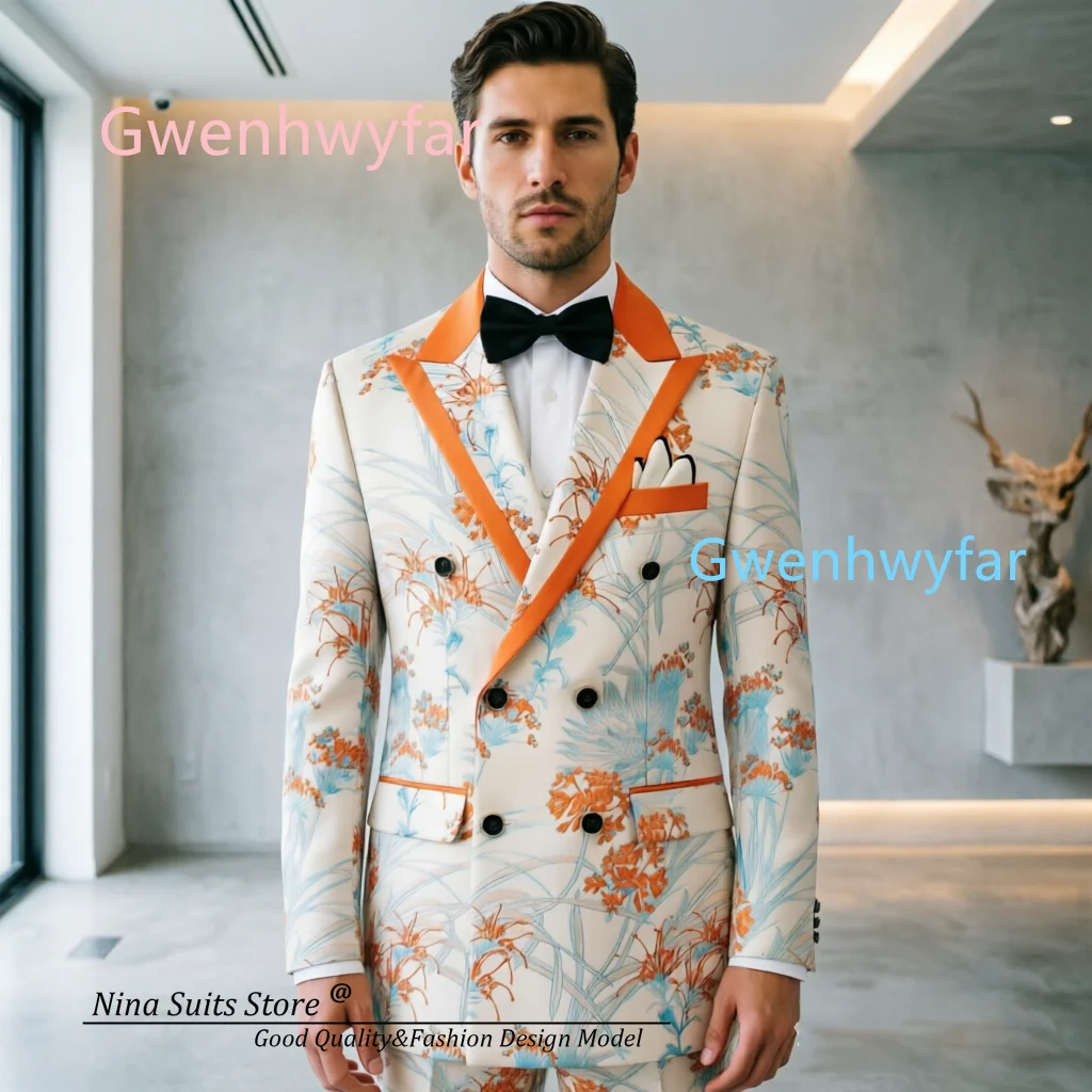 G&N 2026 New Designed Men's Fashion Tuxedos with Floral Patterns Elegant Party Show Singer Host Costume Men's Jacket Pants set
