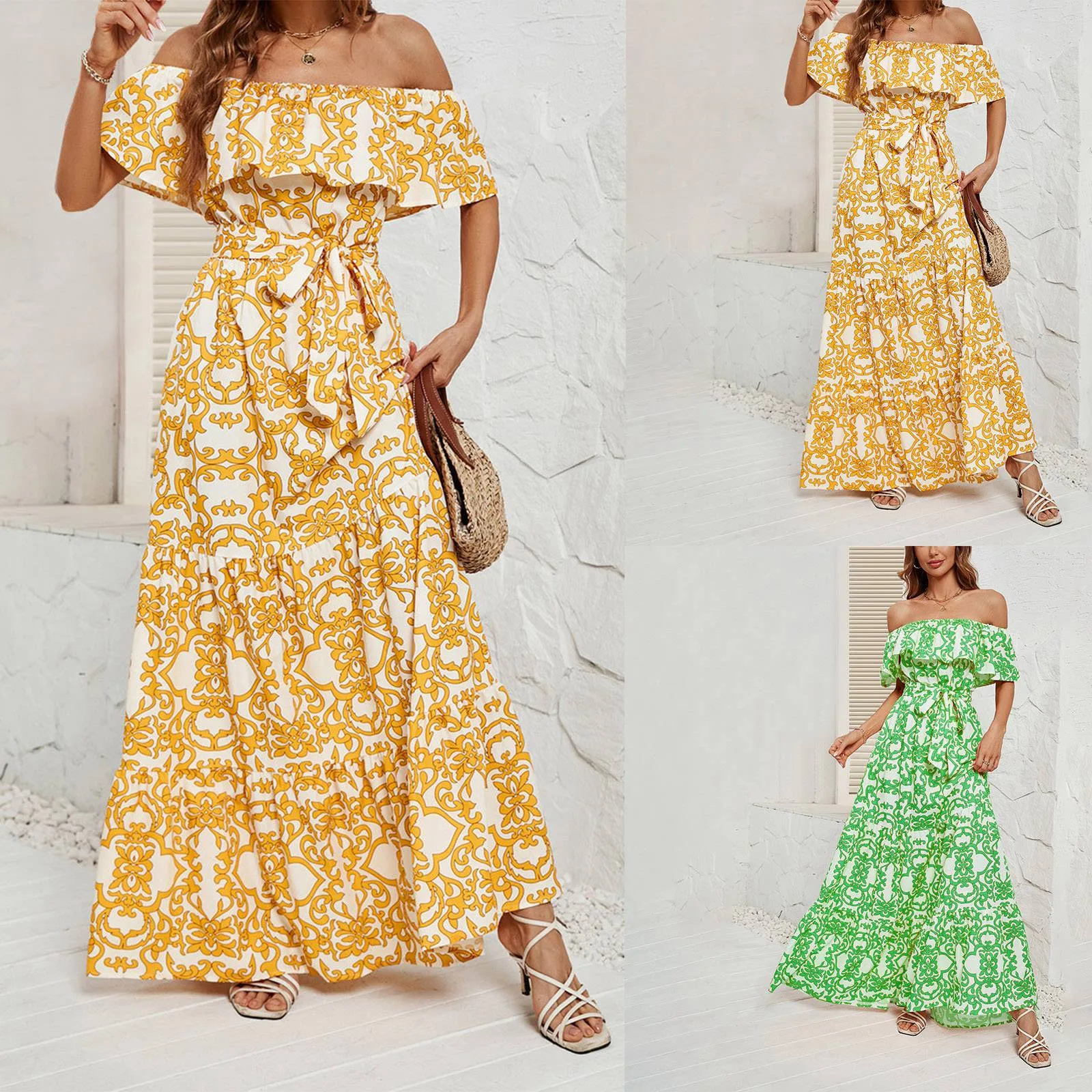 

Vintage Printed Elegant Dress Women's Off Shoulder Backless Lace Up Long Dresses Slash Neck Slim Beach Summer A-Line Dress