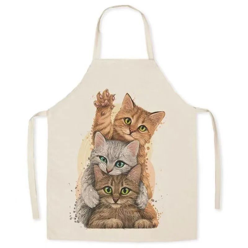 Cute Cat Print Linen Apron Kitchen Cooking Baking Apron Sleeveless Waist Unisex Parent-Child Apron