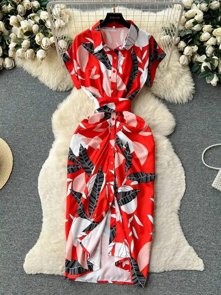 Abito estivo stampato retrò Abito da donna con risvolto monopetto floreale Abiti da donna a pieghe a vita alta Elegante abito lungo da ufficio