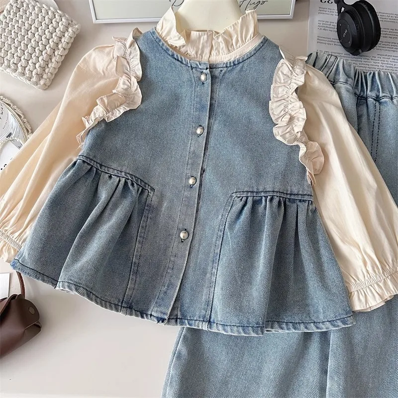Undershirt Vest Pants Set New Spring and Autumn Shirts Fashionable Cowboy Vest Wide Leg Pants 3-Piece Set Trendy