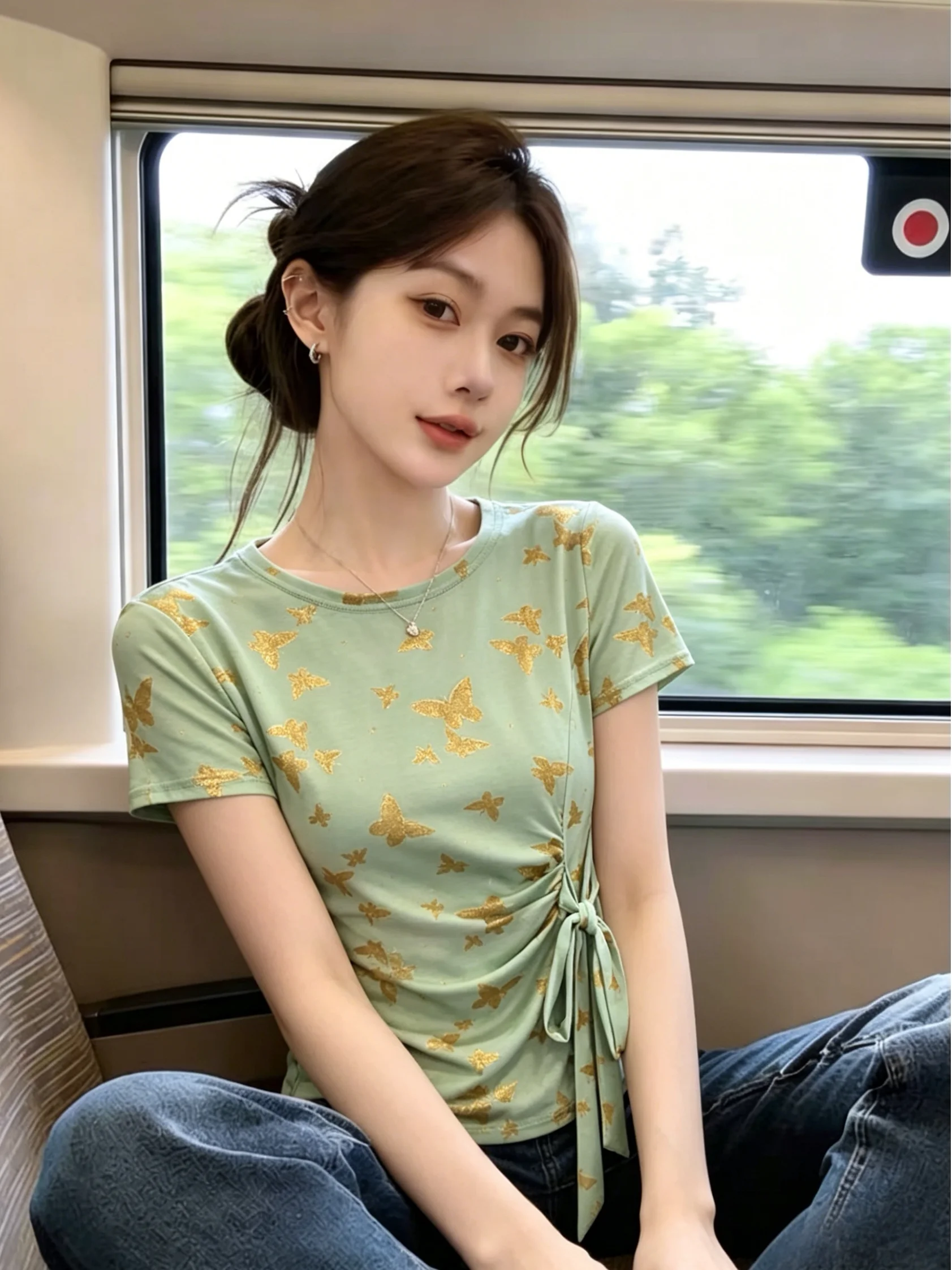

Sweet Style Print Tie Dye Mesh Short Sleeve T Shirt Women's Summer New Style Age Reduction Top Straight Tube Type