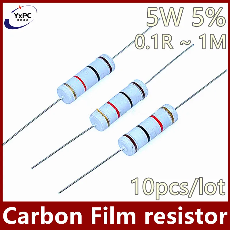 

10pcs 5W 5% Carbon Film resistor 0.1R ~ 1M 1R 2.2R 6.8R 10R 33R 47R 68R 110R 150R 470R 1K 4.7K 10K 47K 10 22 47 51 100 150 Ohm