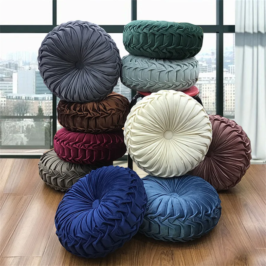 Decorative Round Throw Pillow with Center Button 3D Pumpkin Pleated Velvet Cushion for Sofa Bed Chair Floor 15