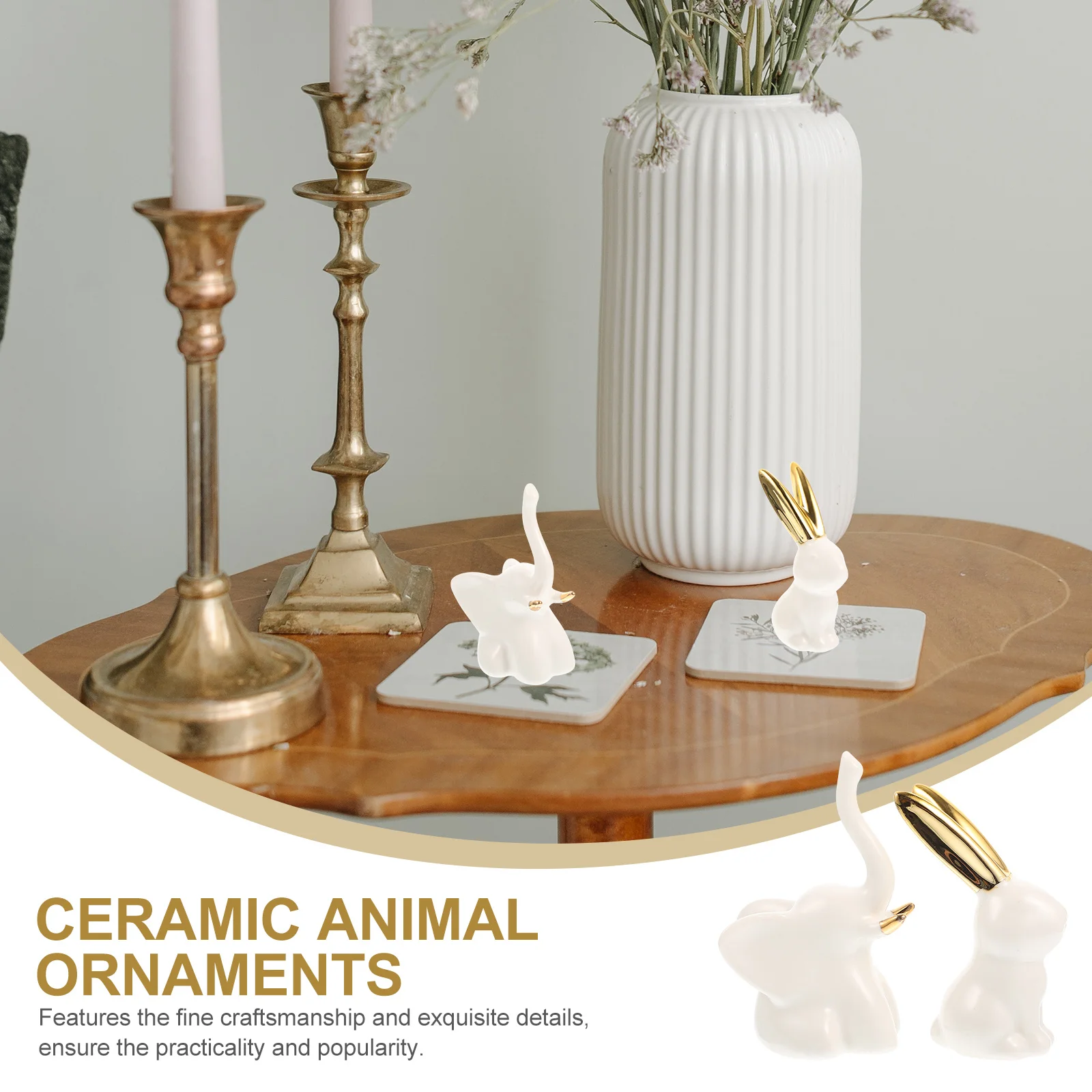 

2Pcs Ceramic Elephant Rabbit Statues Creative Animal Decor Unique Craft Details Desktop Jewelry Tray Ring Holders