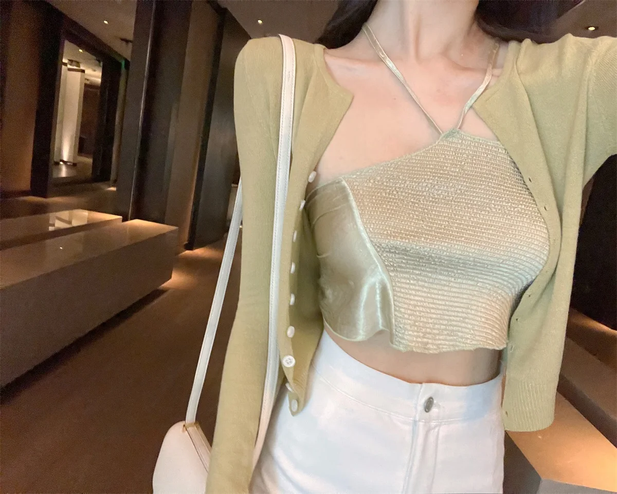 

High Waist ort Knitted Set Elastic Vinegar Acetate Knit Open Cardigan Irregular Pattern Full Cable Design Women's Faion