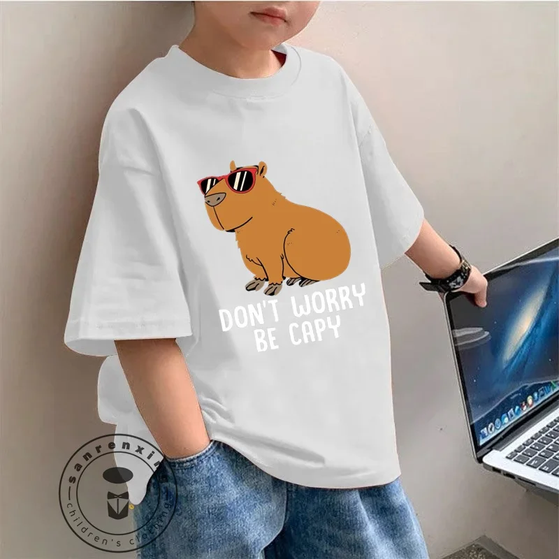 Dive into Fun Adorable Capybara Themed Cartoon Printing Children Short Sleeve T-shirt Perfect for Playful Days School Adventures