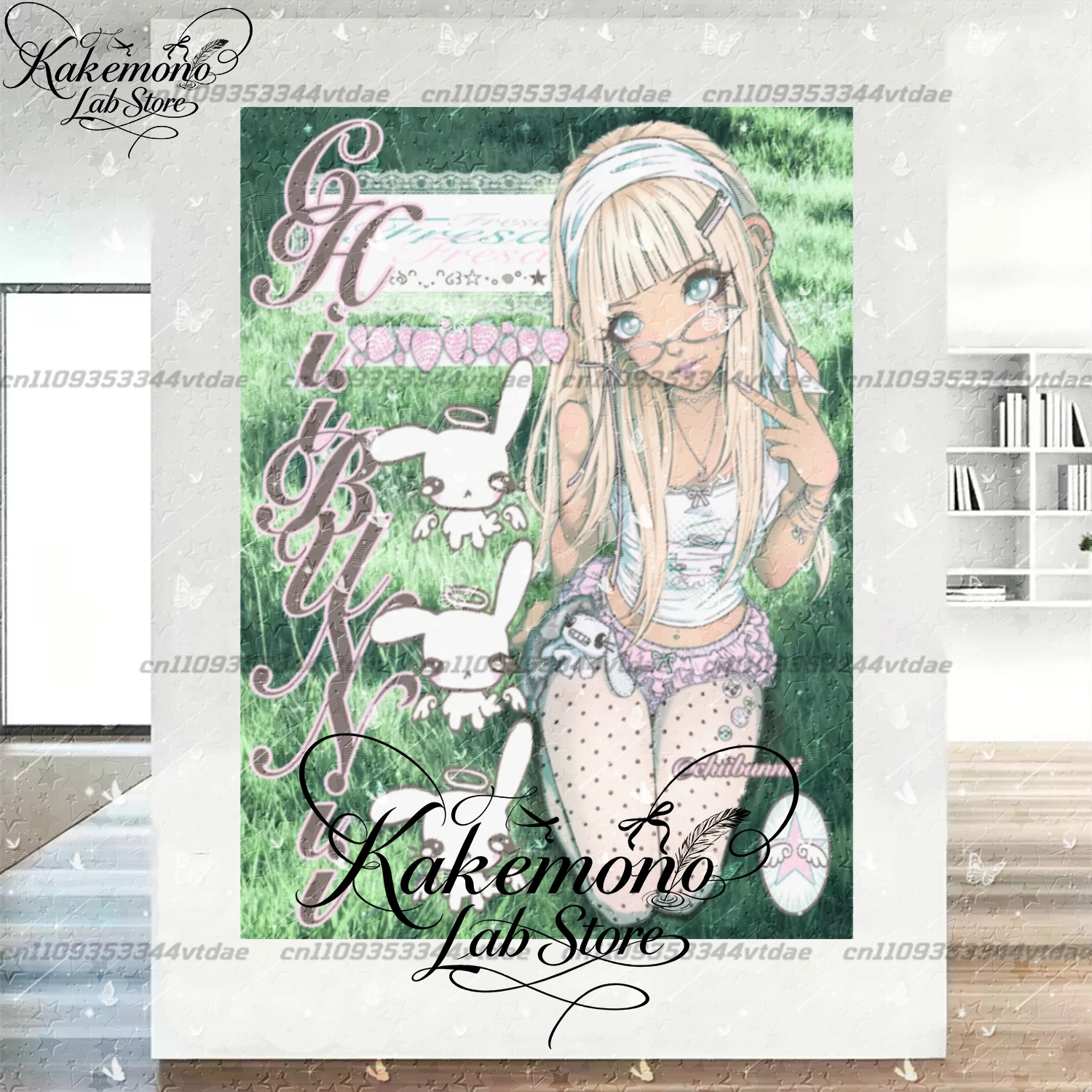 Kawaii Anime Girl Wall Tapestry Japanese Style Cute Bunny Poster Fabric Hanging Wall Art Y2K Aesthetic Bedroom Decor Gift