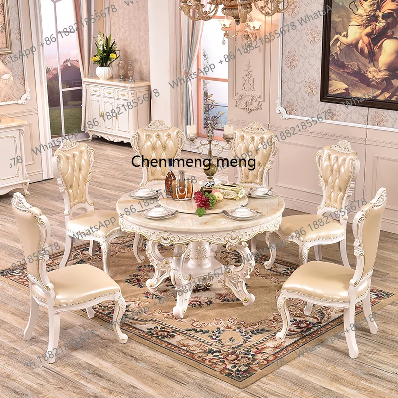 

European marble full solid wood carving flower home dining table with turntable modern simple dining table and chairs