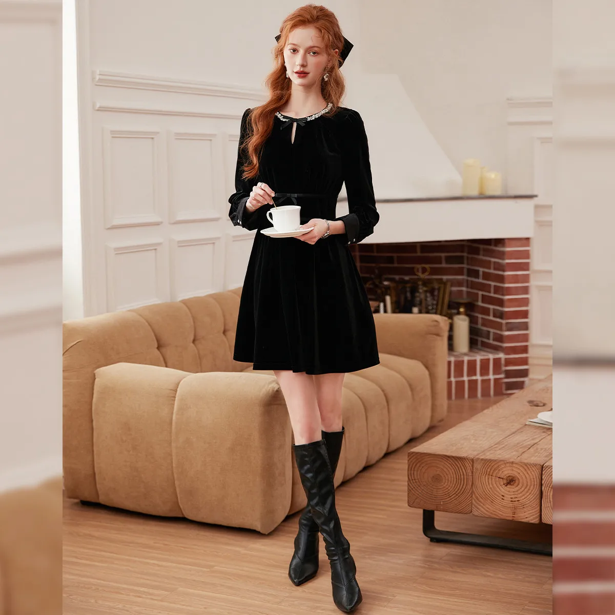 LOUIS YAO falda negra con lazo 2025 otoño vestido de manga larga no elástico cuello redondo ajustado ajuste cadena de cuentas empalme vestido de mujer