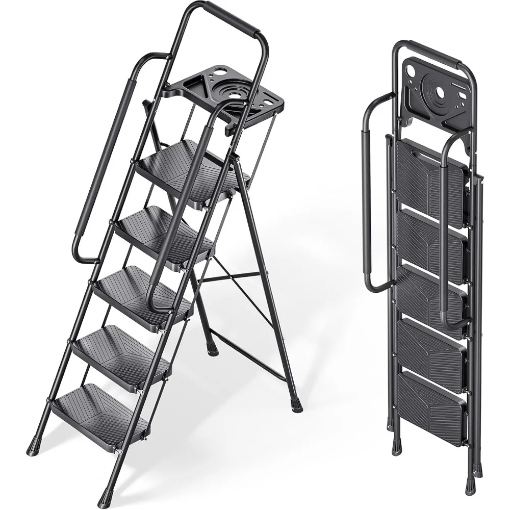 

Folding 5 Step Ladder, Portable Ladder for Multi-Purpose, Home, Kitchen, Heavy Sturdy Steel Step Stool with Anti-Slip Wide Peda