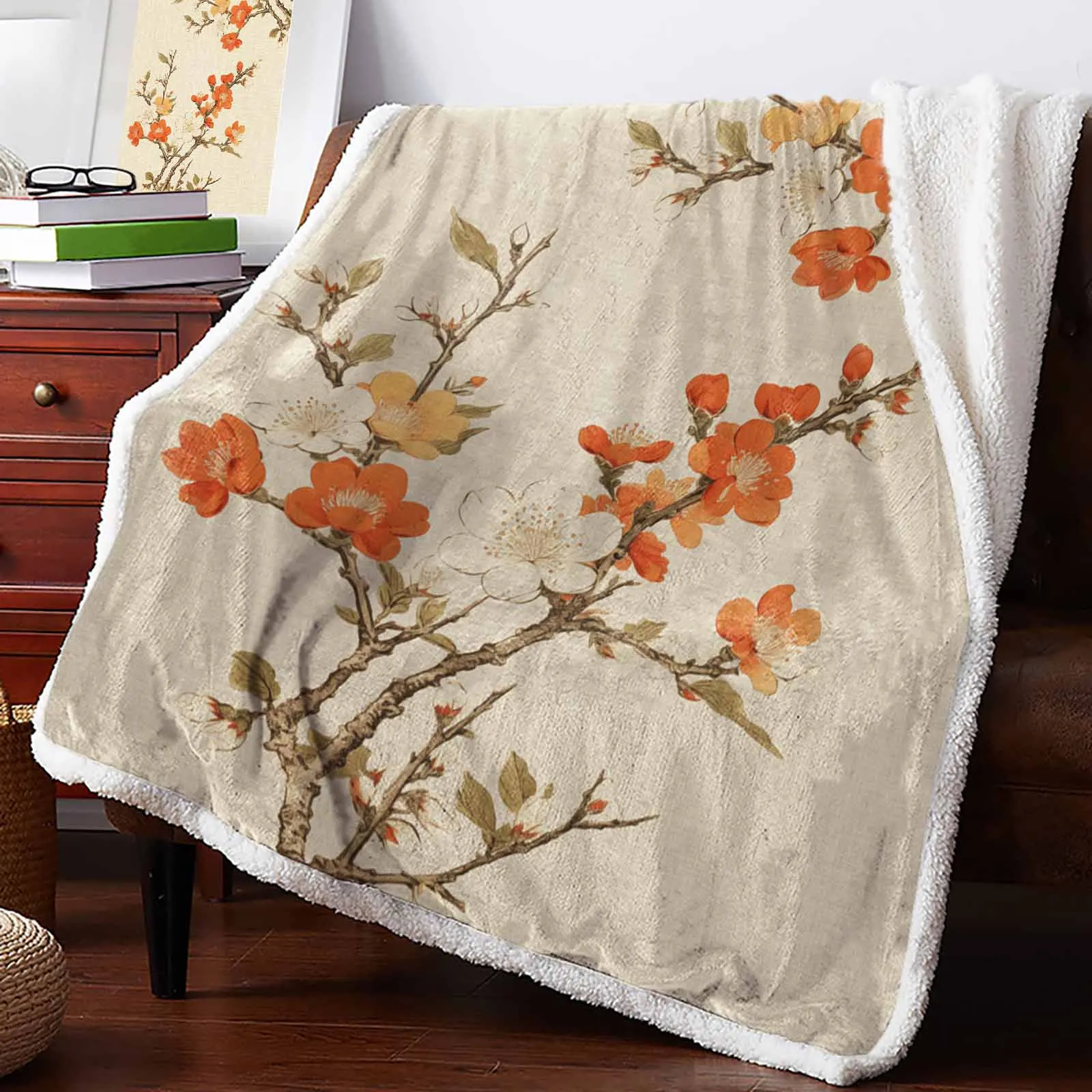 Plum Blossom Leaves Branches Cashmere Blanket Winter Warm Soft Throw Blankets for Beds Sofa Wool Blanket Bedspread