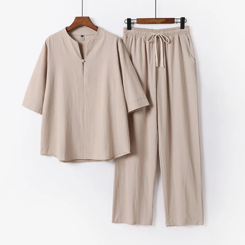 

Mens Japanese Set Casual Loose Kimono Top & Elastic Waist Pants Breathable Cotton Linen Loungewear
